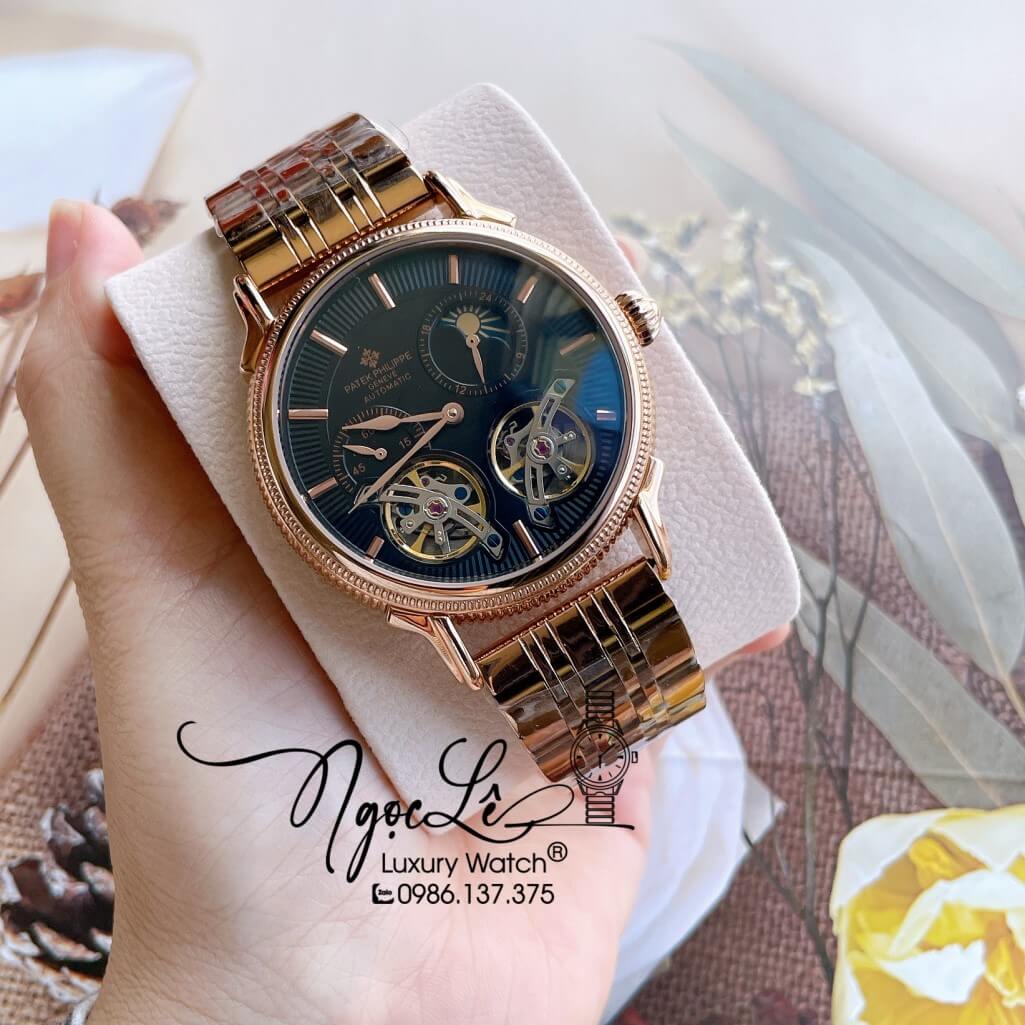 Đồng Hồ Patek Philippe Tự Động Nam Dây Kim Loại Rose Mặt Đen Size 42mm