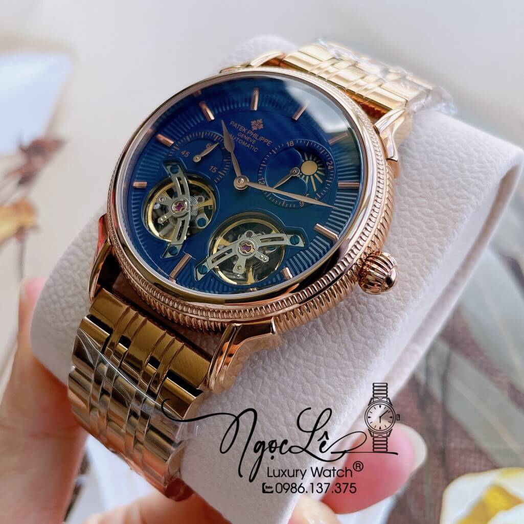 Đồng Hồ Patek Philippe Tự Động Nam Dây Kim Loại Rose Mặt Xanh Size 42mm