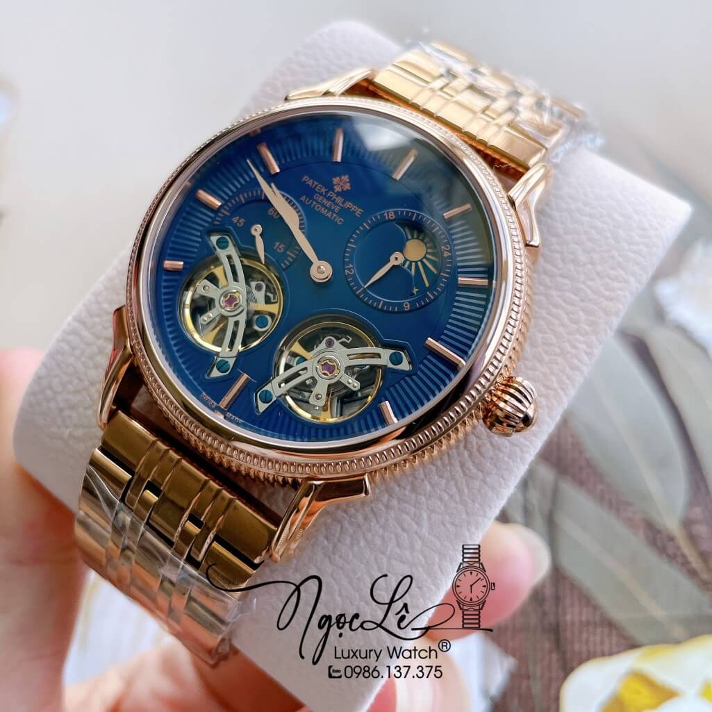 Đồng Hồ Patek Philippe Tự Động Nam Dây Kim Loại Rose Mặt Xanh Size 42mm