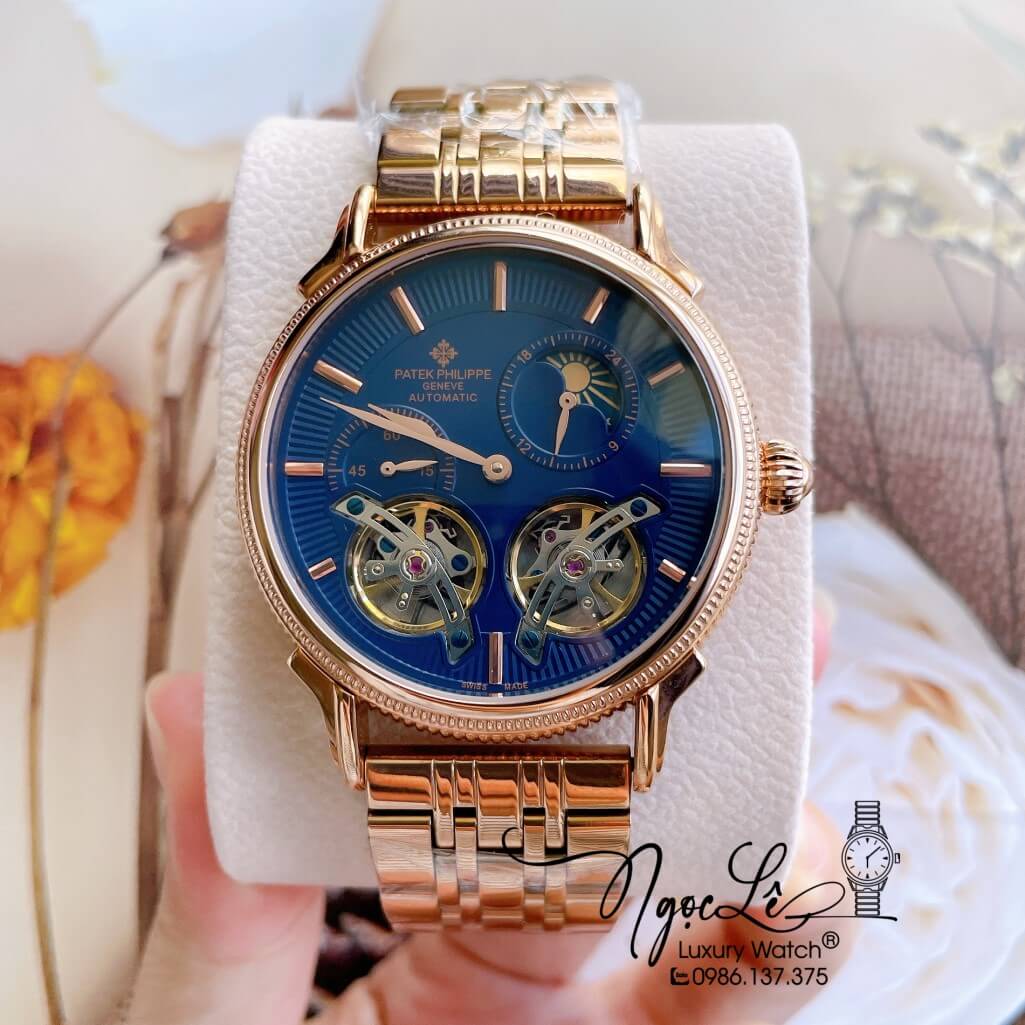 Đồng Hồ Patek Philippe Tự Động Nam Dây Kim Loại Rose Mặt Xanh Size 42mm