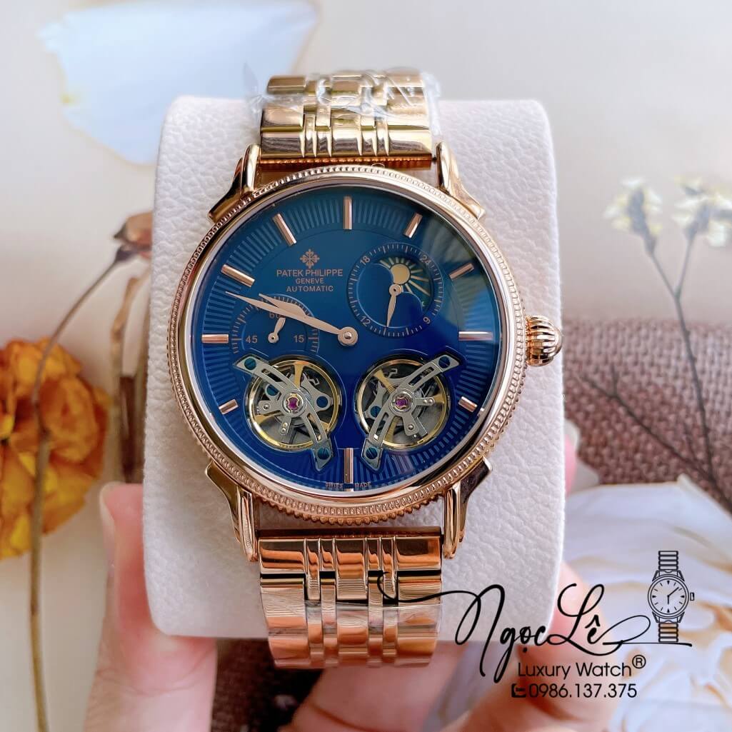 Đồng Hồ Patek Philippe Tự Động Nam Dây Kim Loại Rose Mặt Xanh Size 42mm