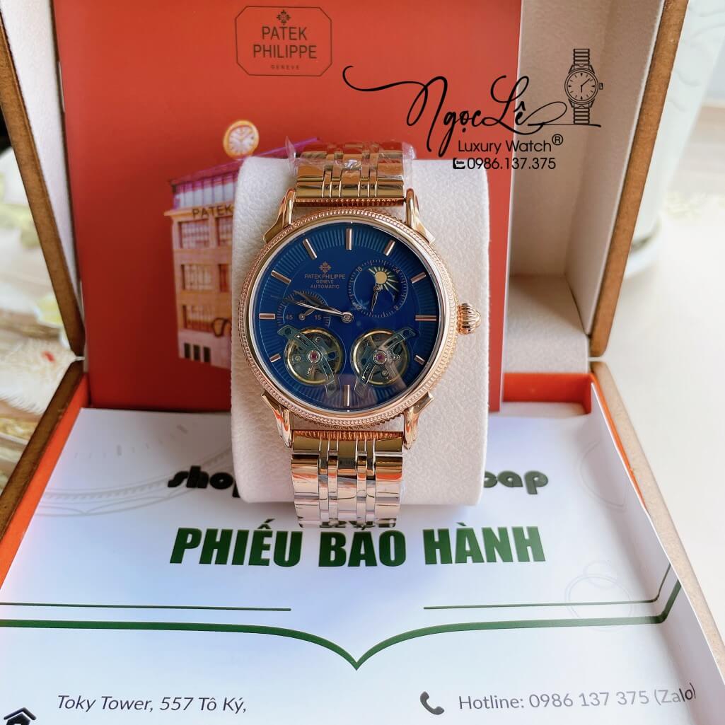 Đồng Hồ Patek Philippe Tự Động Nam Dây Kim Loại Rose Mặt Xanh Size 42mm