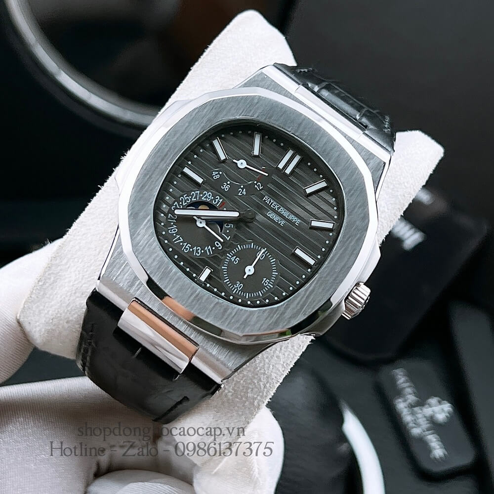 Đồng Hồ Patek Philippe Nam 5 Kim Máy Tự Động Dây Da Mặt Đen Silver 42mm