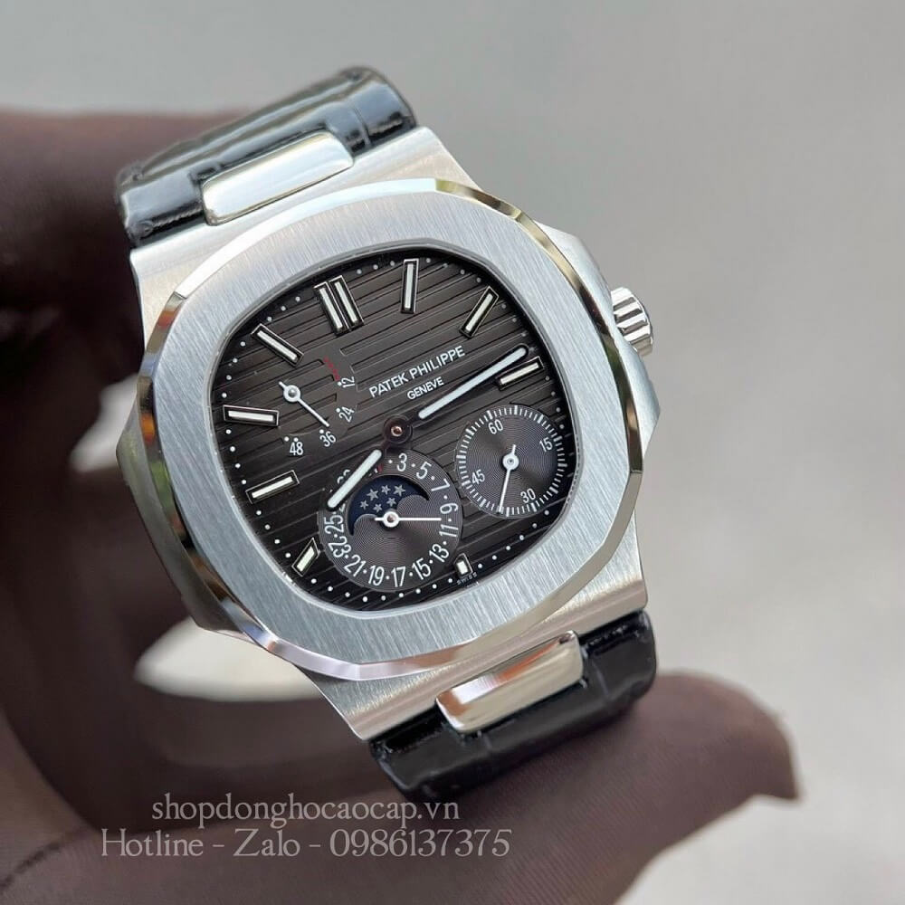 Đồng Hồ Patek Philippe Nam 5 Kim Máy Tự Động Dây Da Mặt Đen Silver 42mm