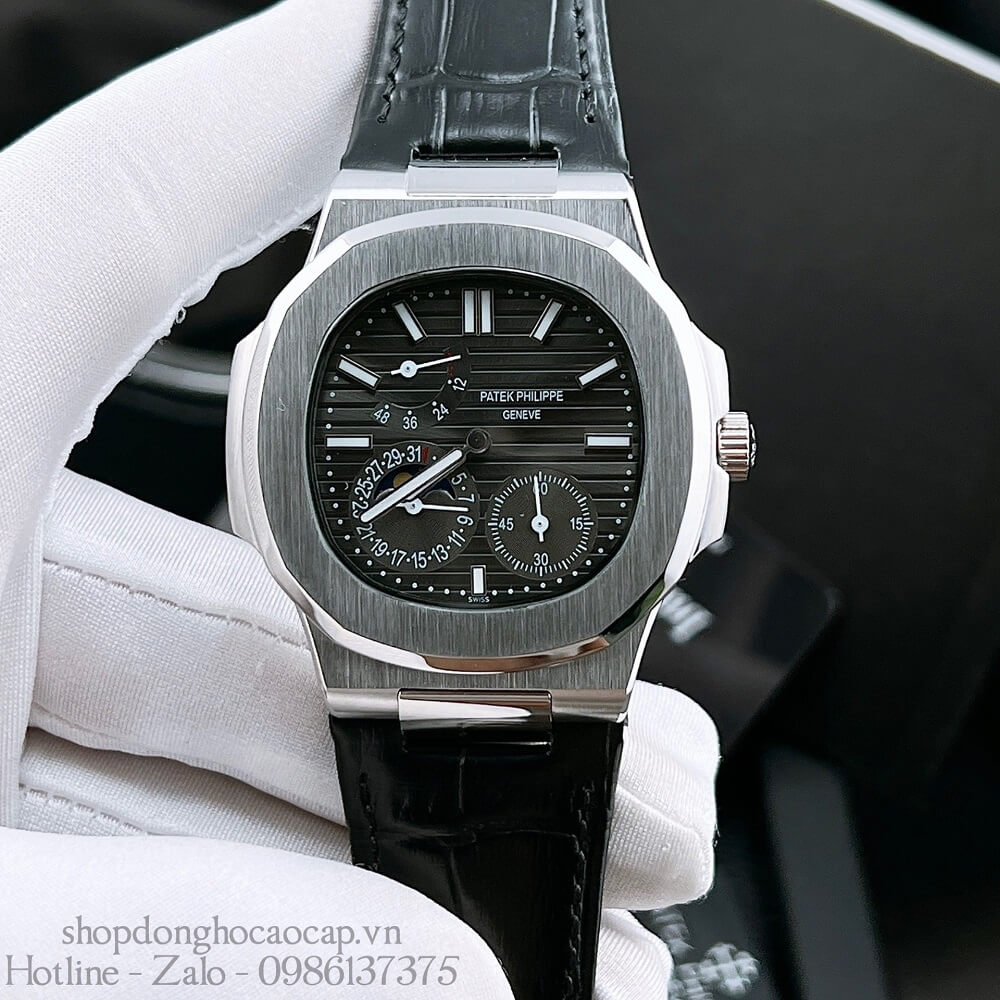 Đồng Hồ Patek Philippe Nam 5 Kim Máy Tự Động Dây Da Mặt Đen Silver 42mm