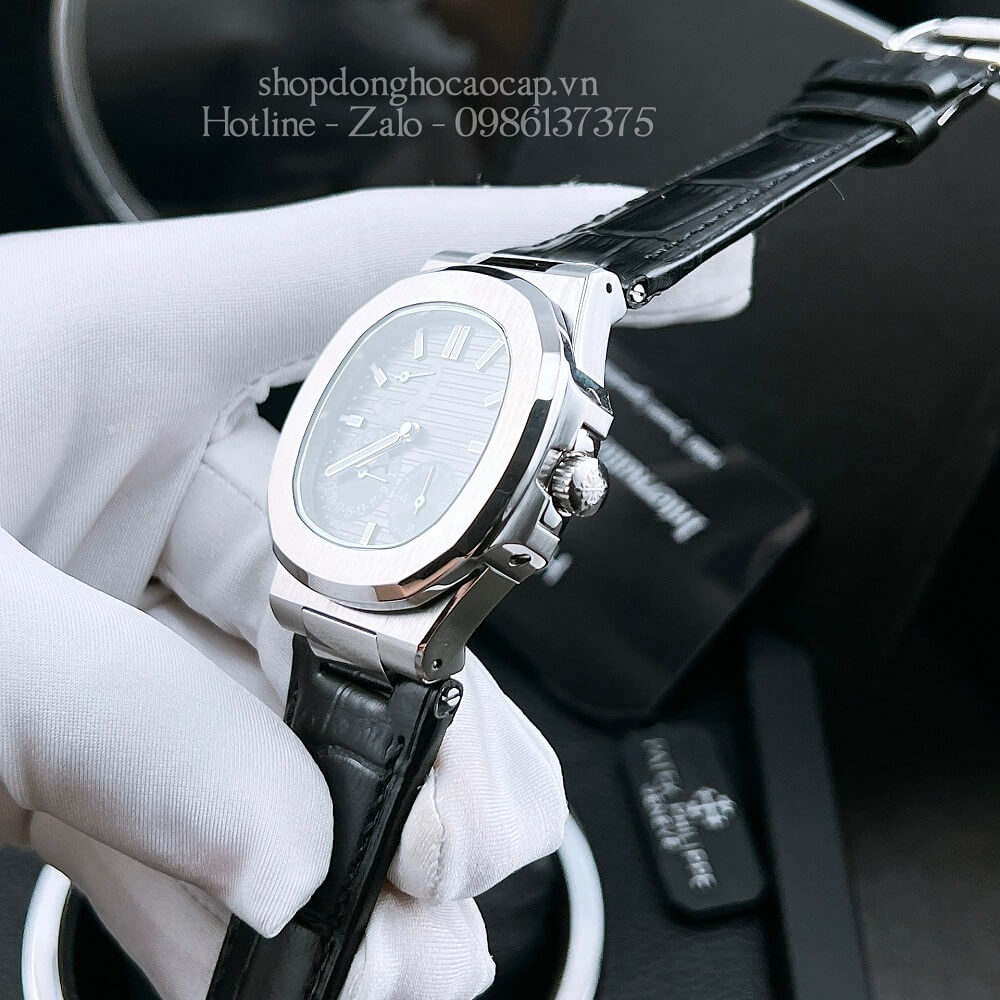 Đồng Hồ Patek Philippe Nam 5 Kim Máy Tự Động Dây Da Mặt Đen Silver 42mm