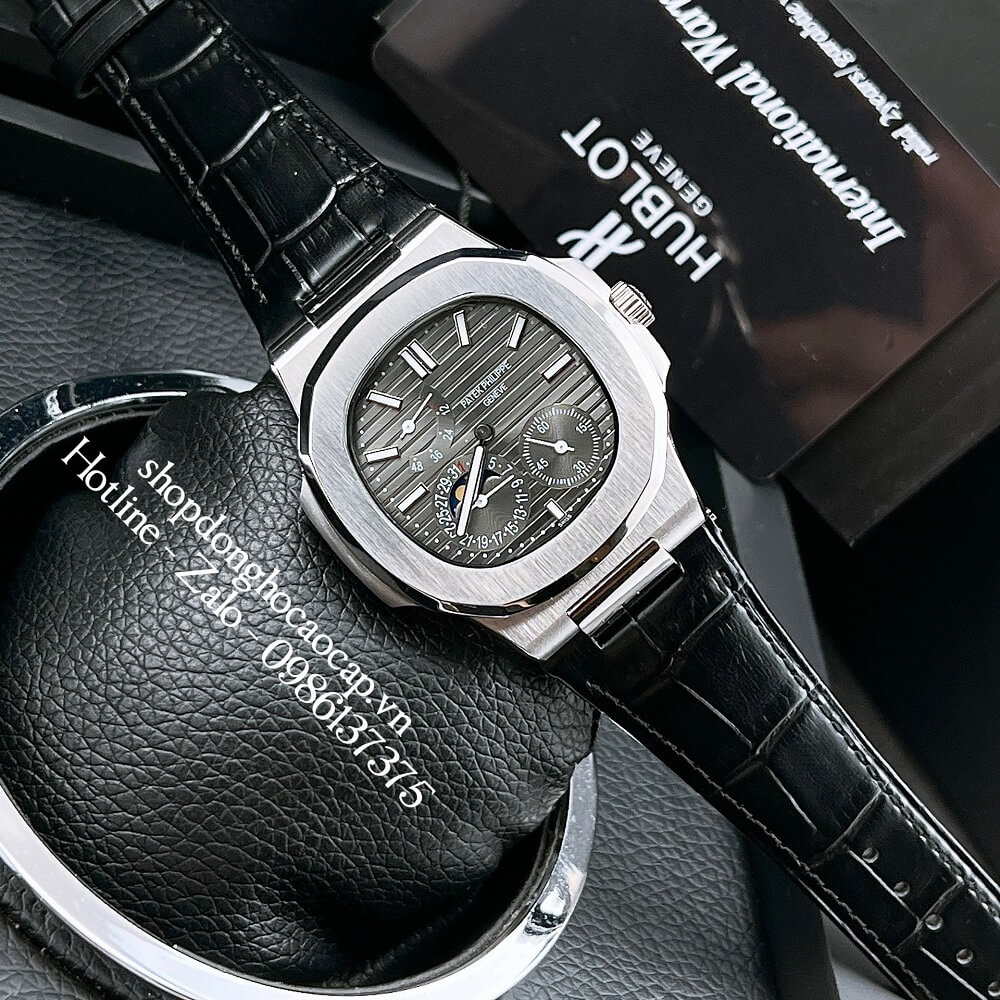 Đồng Hồ Patek Philippe Nam 5 Kim Máy Tự Động Dây Da Mặt Đen Silver 42mm