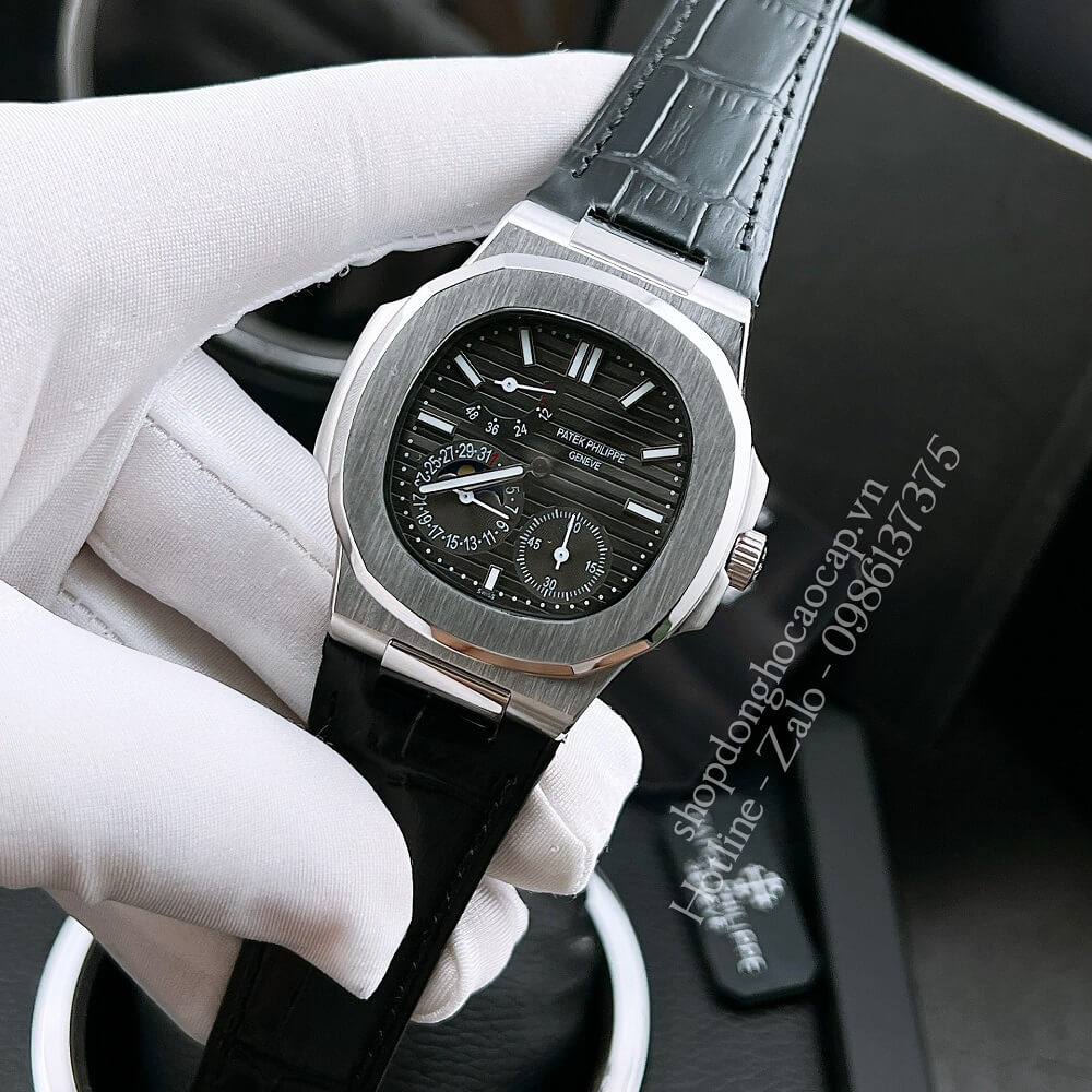 Đồng Hồ Patek Philippe Nam 5 Kim Máy Tự Động Dây Da Mặt Đen Silver 42mm