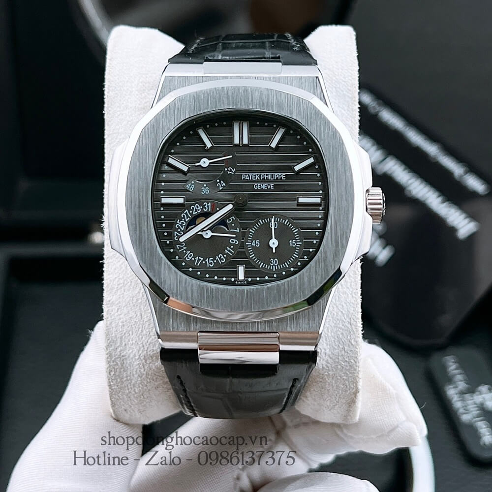 Đồng Hồ Patek Philippe Nam 5 Kim Máy Tự Động Dây Da Mặt Đen Silver 42mm