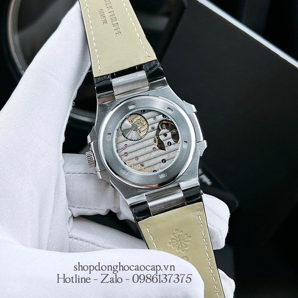 Đồng Hồ Patek Philippe Nam 5 Kim Máy Tự Động Dây Da Mặt Đen Silver 42mm