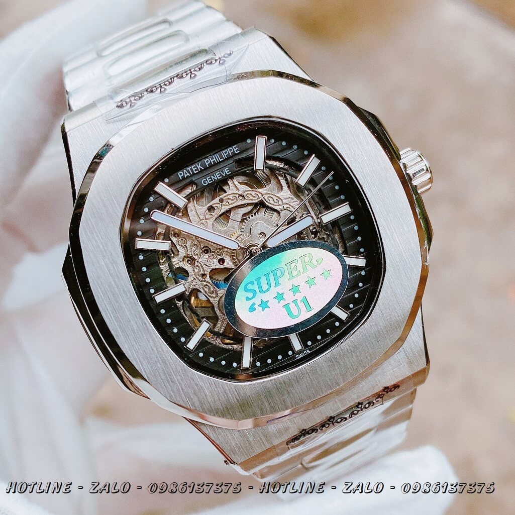 Đồng Hồ Patek Philippe Automatic Lộ Máy Silver Mặt Đen 40mm