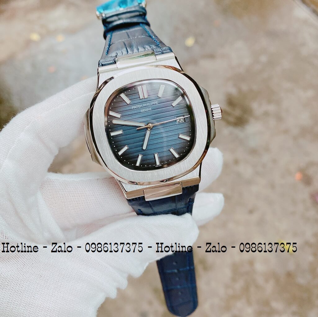 Đồng Hồ Patek Philippe Automatic Dây Da Xanh Silver 40mm