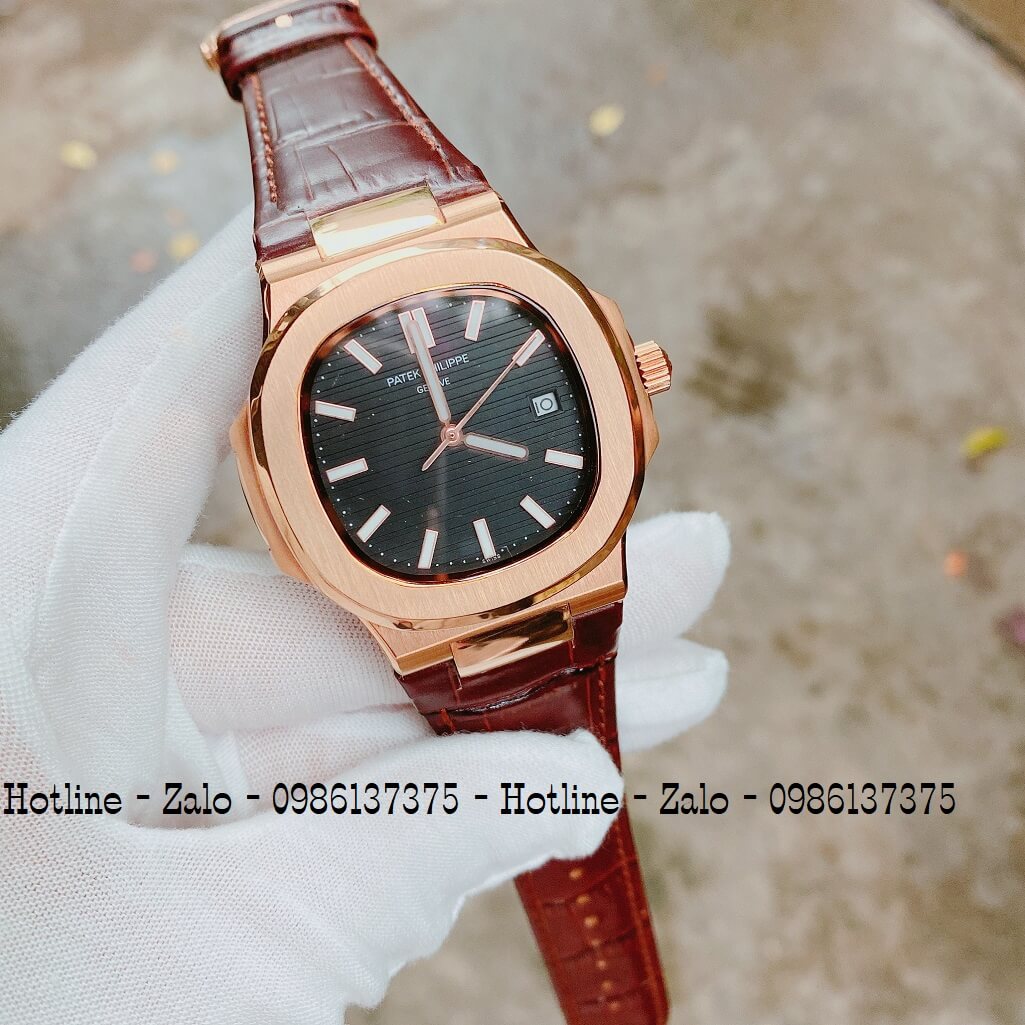 Đồng Hồ Nam Patek Philippe Automatic Dây Da Nâu Mặt Đen 40mm