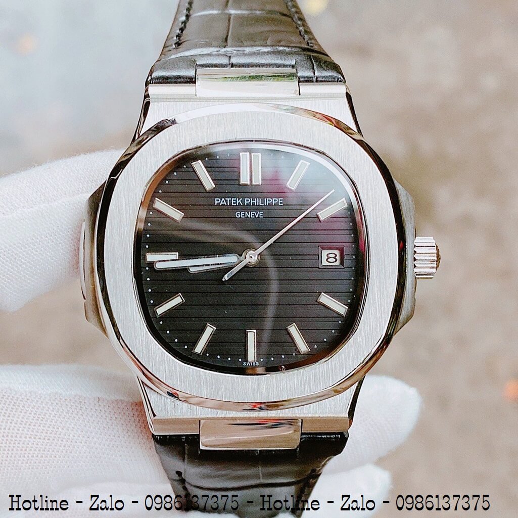 Đồng Hồ Nam Patek Philippe Automatic Dây Da Đen Silver 40mm