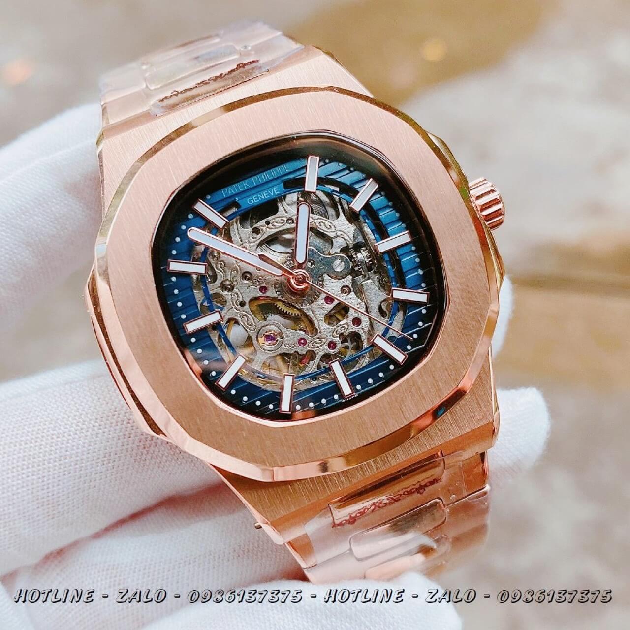 Đồng Hồ Patek Philippe Automatic Lộ Máy Rose Gold Mặt Xanh