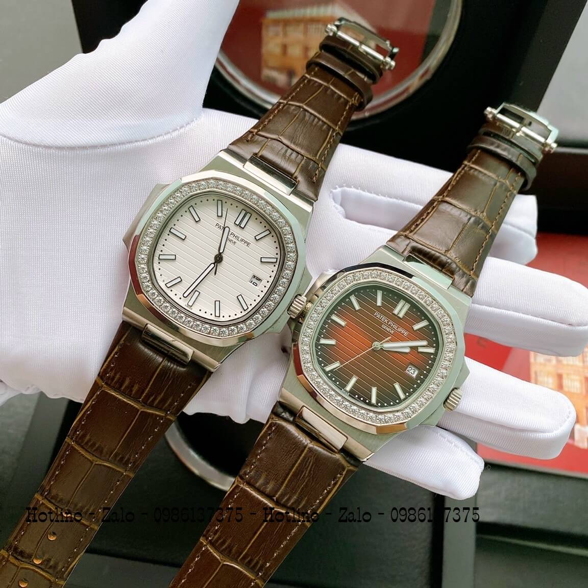 Đồng Hồ Patek Philippe Automatic Nam Đính Đá Nâu Mặt Trắng 40mm