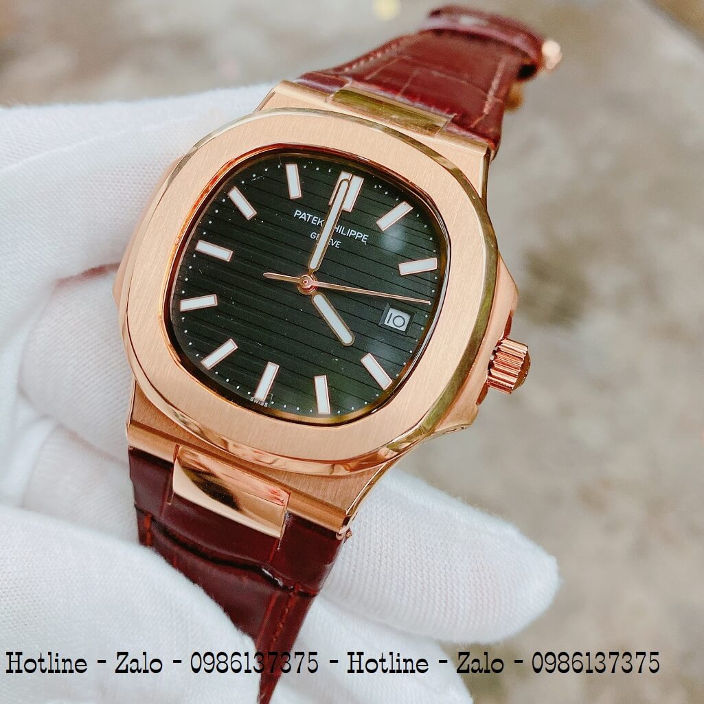 Đồng Hồ Nam Patek Philippe Automatic Dây Da Nâu Mặt Đen 40mm