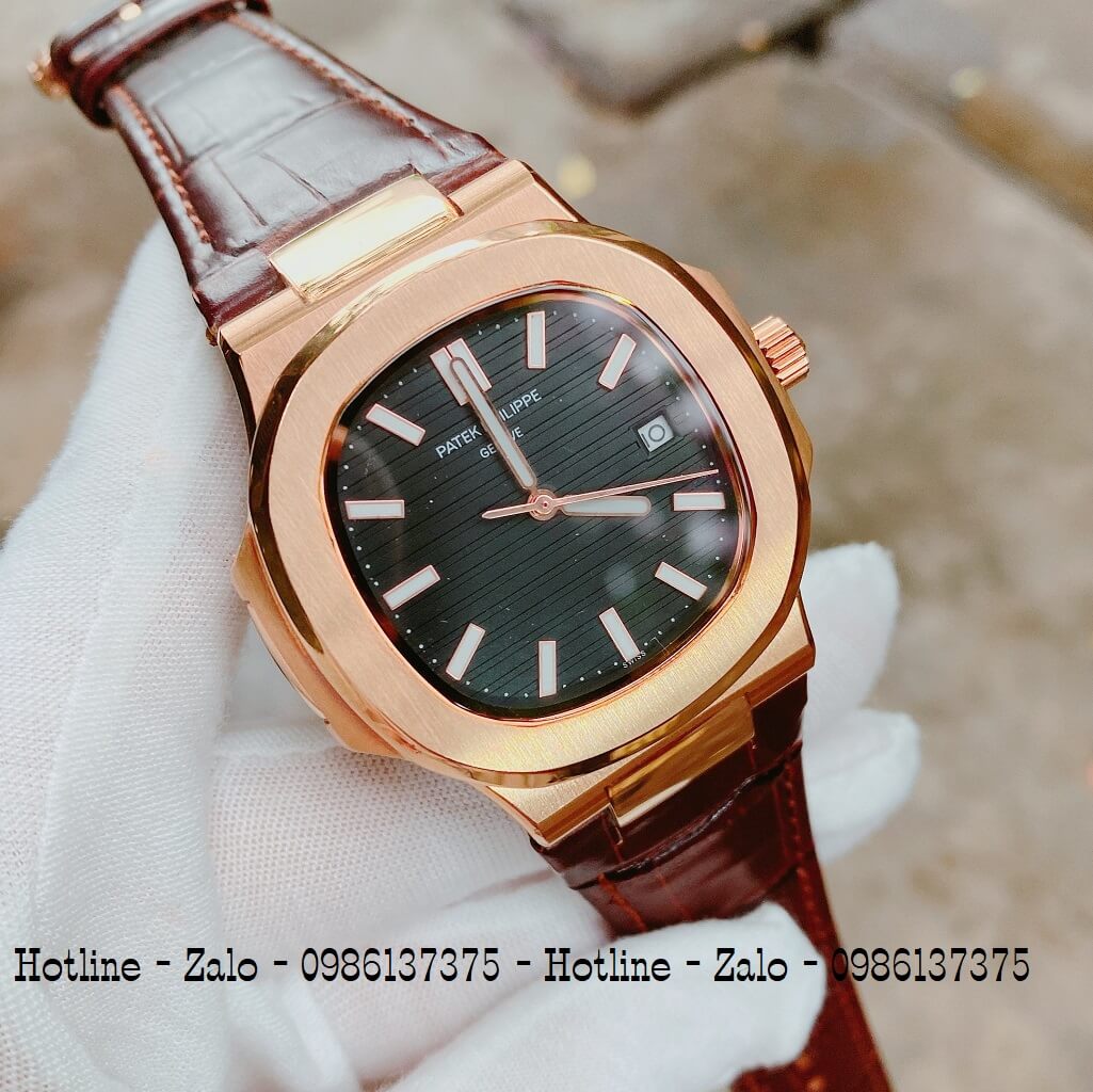 Đồng Hồ Nam Patek Philippe Automatic Dây Da Nâu Mặt Đen 40mm