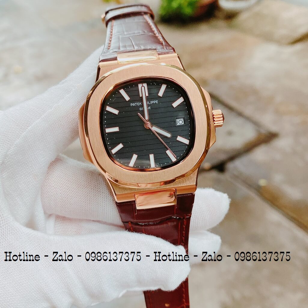 Đồng Hồ Nam Patek Philippe Automatic Dây Da Nâu Mặt Đen 40mm