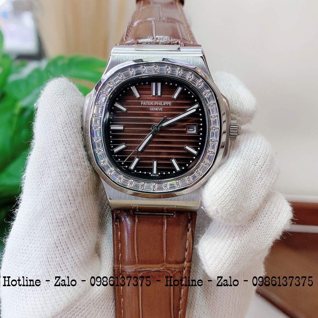 Đồng Hồ Patek Philippe Automatic Nam Đính Đá 40mm Nâu Silver