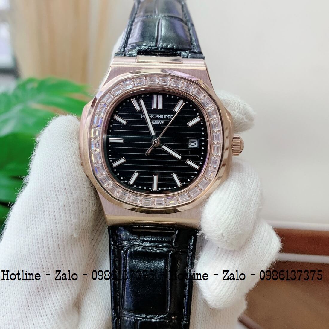 Đồng Hồ Patek Philippe Automatic Nam Đính Đá 40mm Đen Rose
