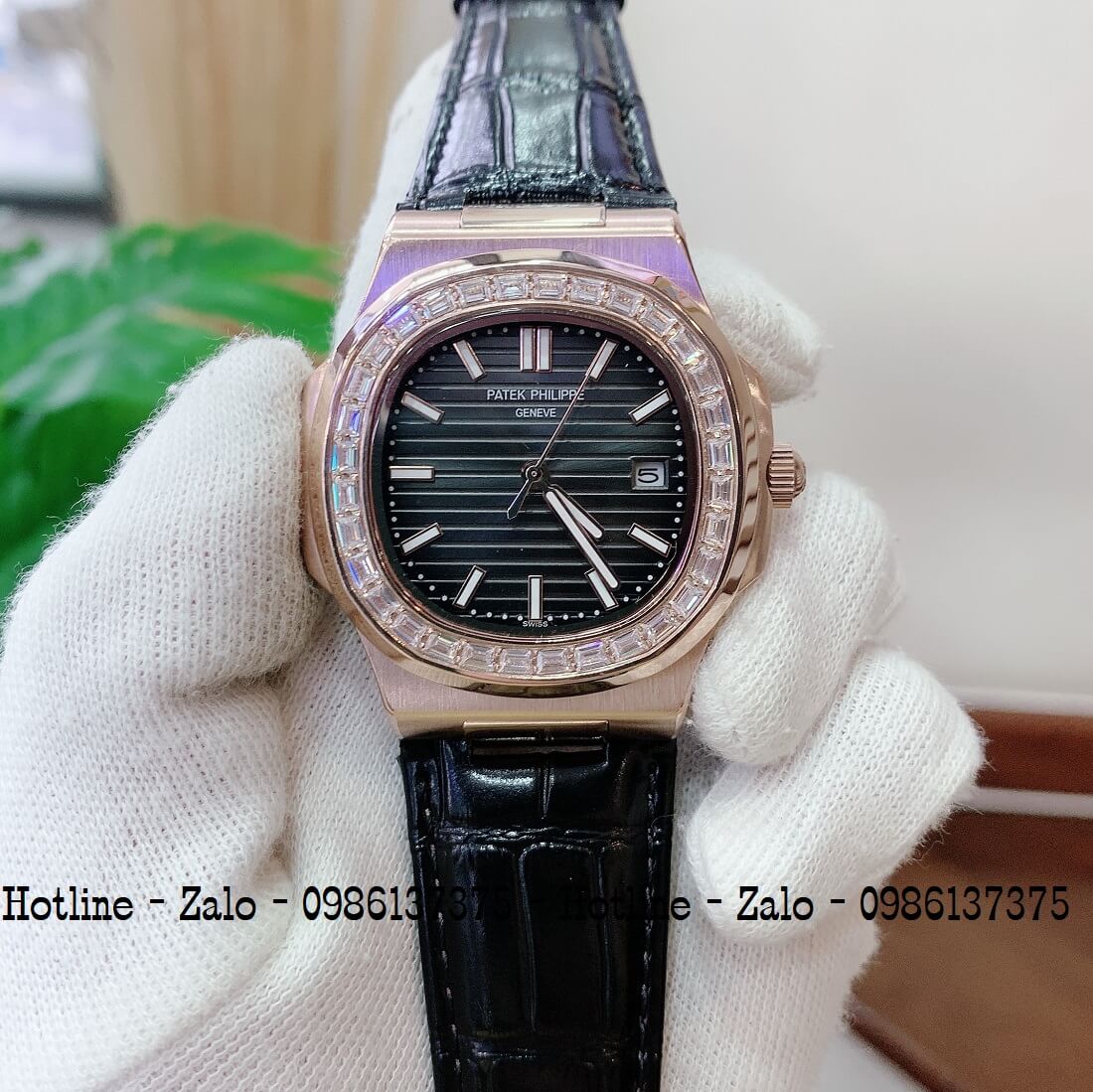 Đồng Hồ Patek Philippe Automatic Nam Đính Đá 40mm Đen Xám Rose