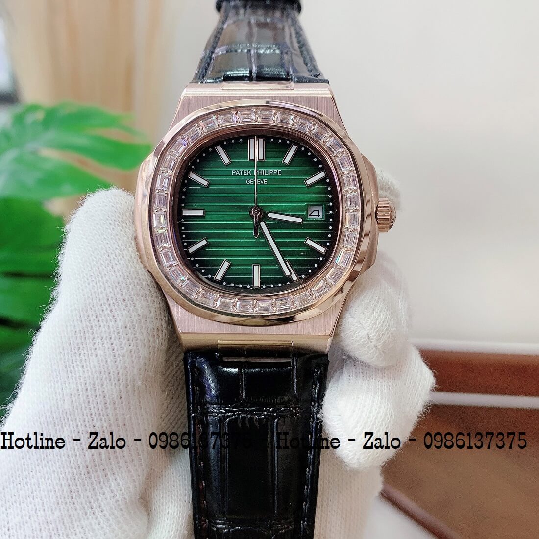 Đồng Hồ Patek Philippe Automatic Nam Đính Đá 40mm Đen Xanh Rose