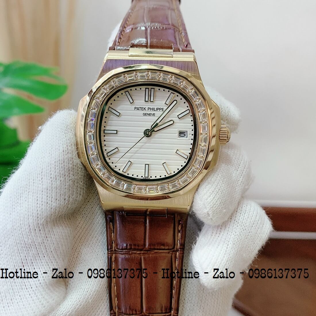 Đồng Hồ Patek Philippe Automatic Nam Đính Đá 40mm Nâu Mặt Trắng