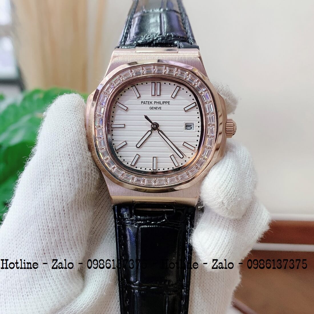 Đồng Hồ Patek Philippe Automatic Nam Đính Đá 40mm Đen Mặt Trắng