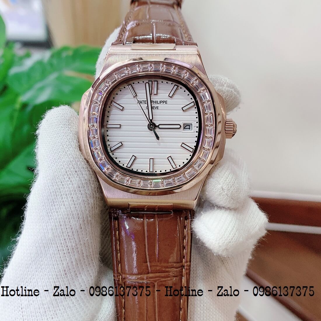 Đồng Hồ Patek Philippe Automatic Nam Đính Đá 40mm Nâu