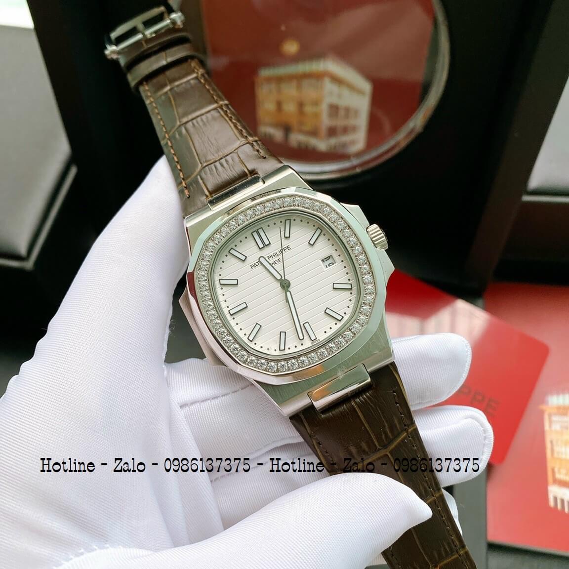 Đồng Hồ Patek Philippe Automatic Nam Đính Đá Nâu Mặt Trắng 40mm