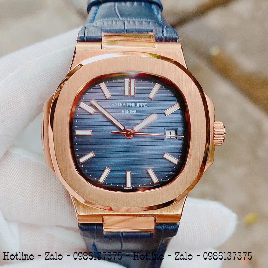 Đồng Hồ Nam Patek Philippe Automatic Dây Da Xanh Rose 40mm