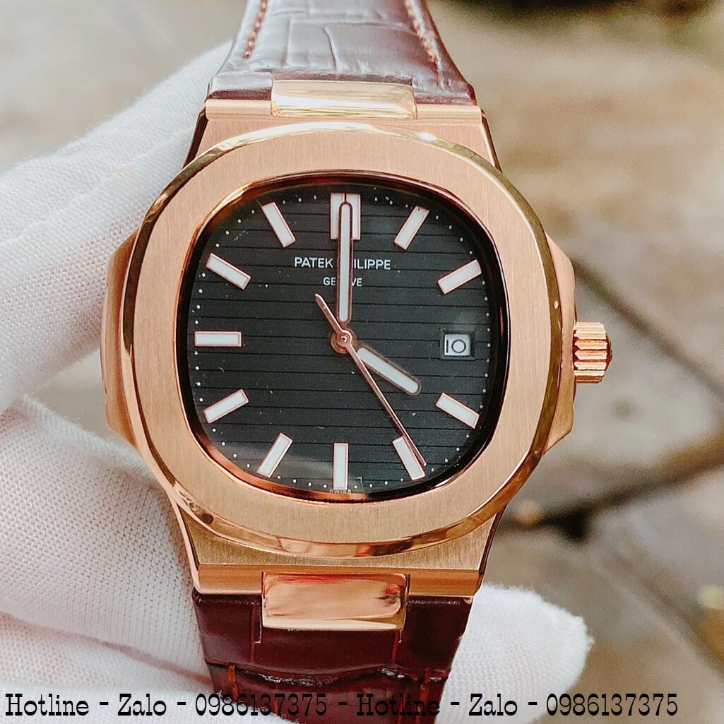 Đồng Hồ Nam Patek Philippe Automatic Dây Da Nâu Mặt Đen 40mm