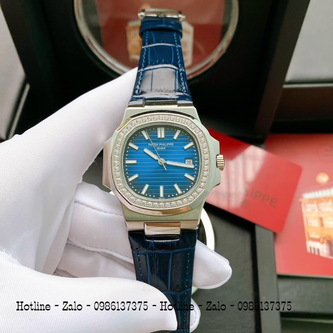 Đồng Hồ Patek Philippe Automatic Nam Đính Đá Xanh Mặt Xanh 40mm