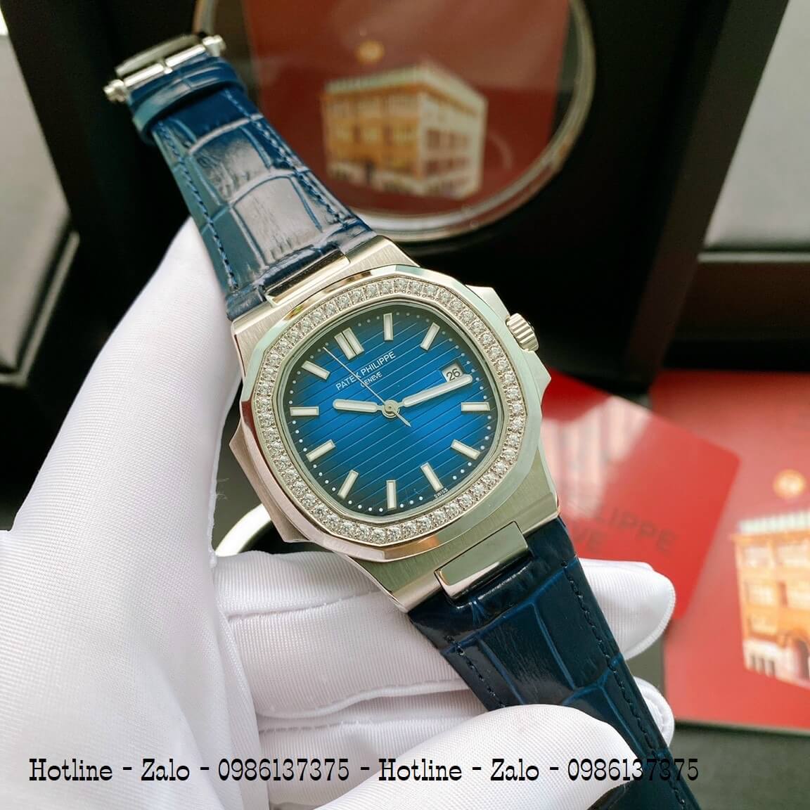 Đồng Hồ Patek Philippe Automatic Nam Đính Đá Xanh Mặt Xanh 40mm