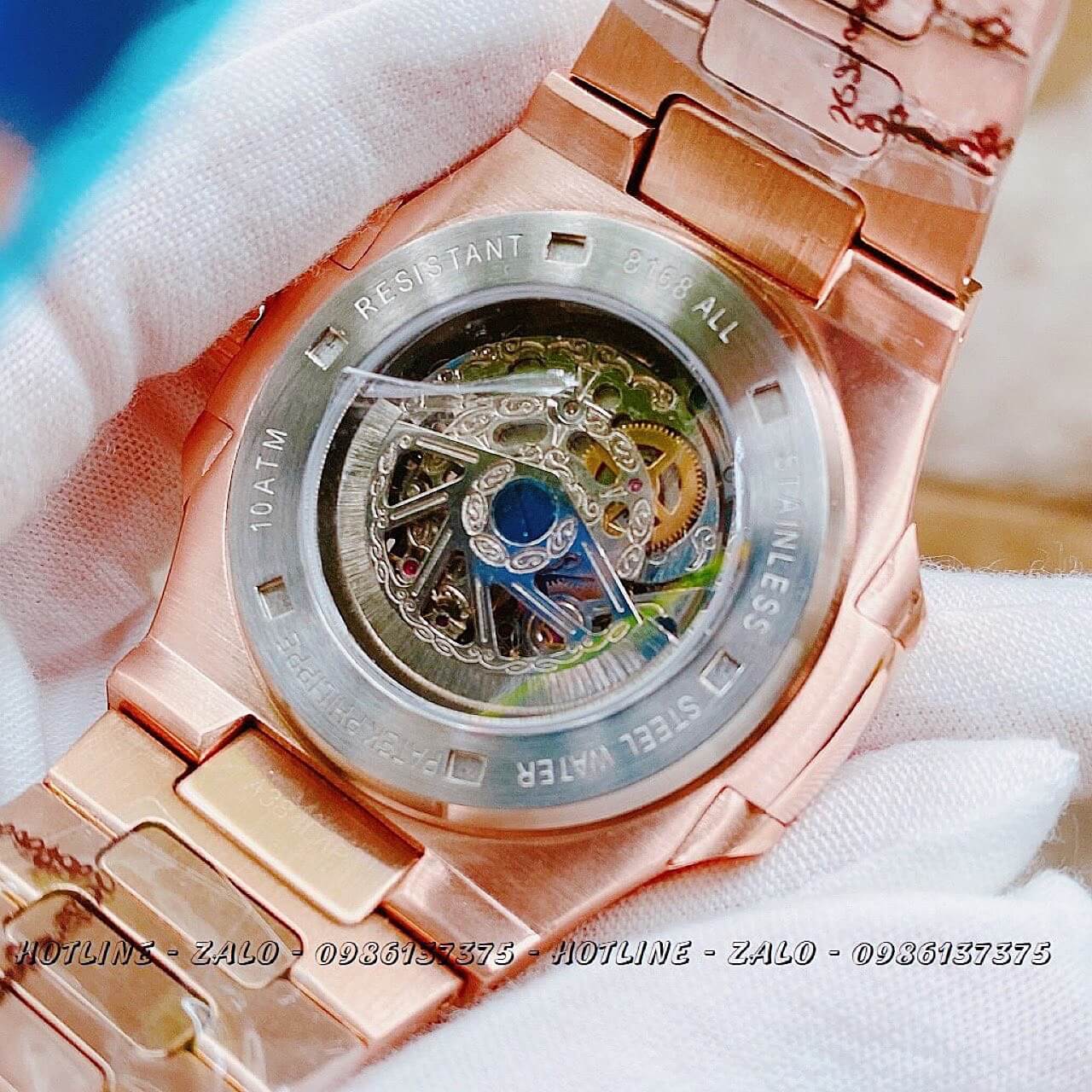 Đồng Hồ Patek Philippe Automatic Lộ Máy Rose Gold Mặt Xanh