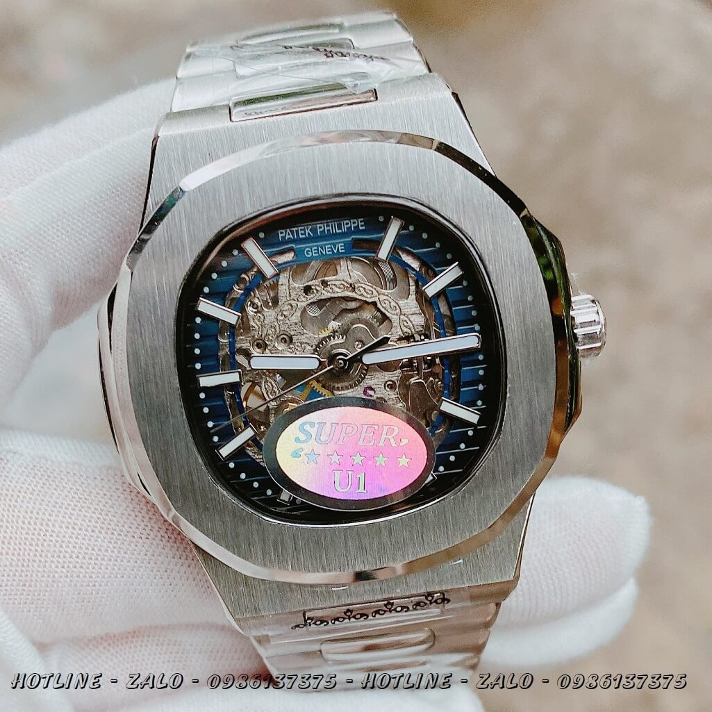 Đồng Hồ Patek Philippe Automatic Lộ Máy Silver Mặt Xanh 40mm