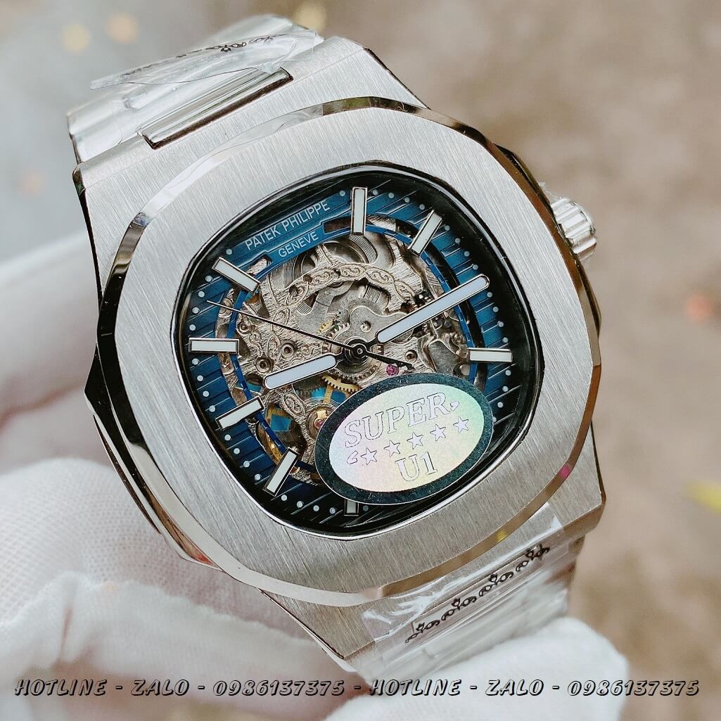 Đồng Hồ Patek Philippe Automatic Lộ Máy Silver Mặt Xanh 40mm