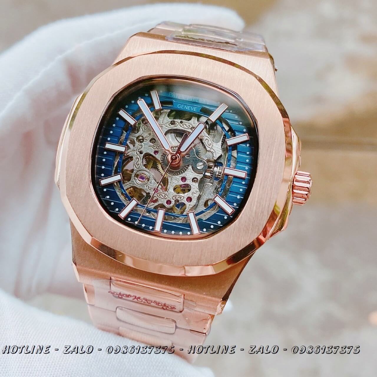 Đồng Hồ Patek Philippe Automatic Lộ Máy Rose Gold Mặt Xanh