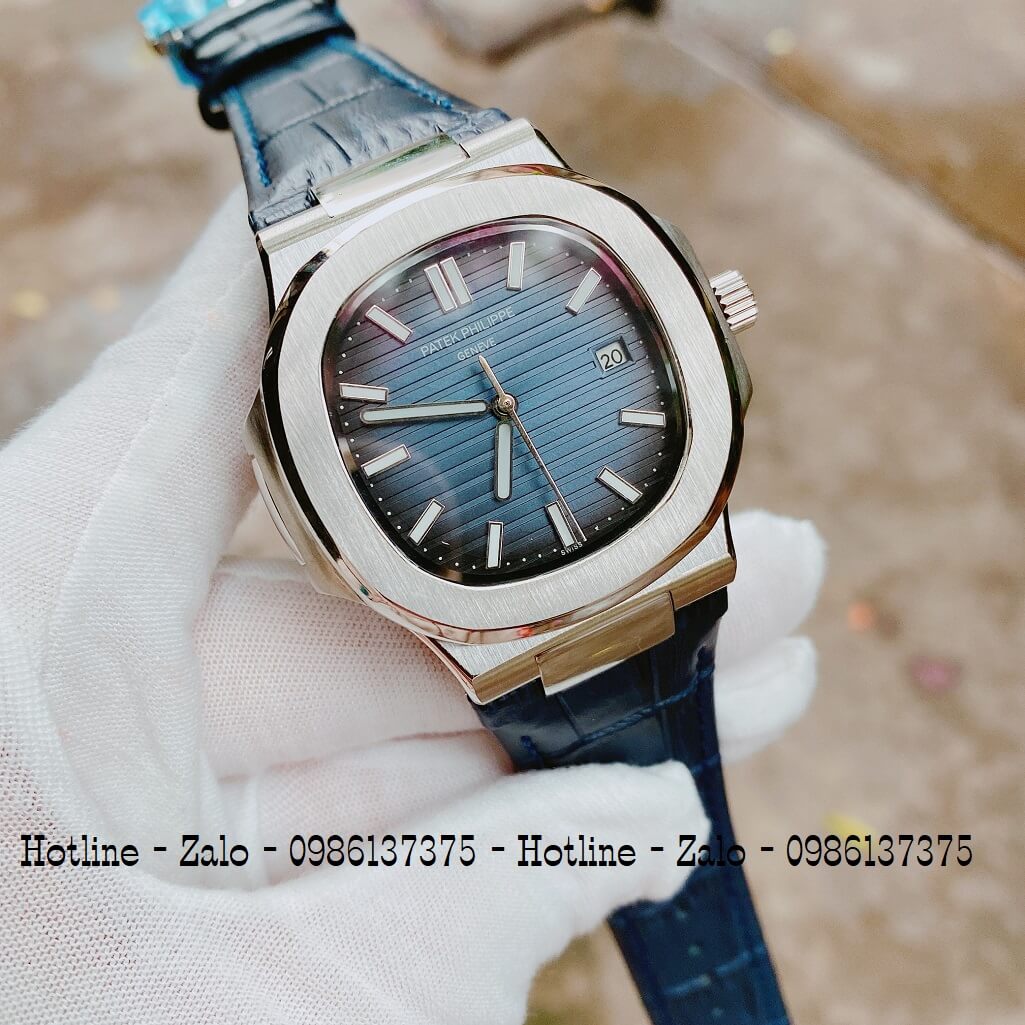 Đồng Hồ Patek Philippe Automatic Dây Da Xanh Silver 40mm