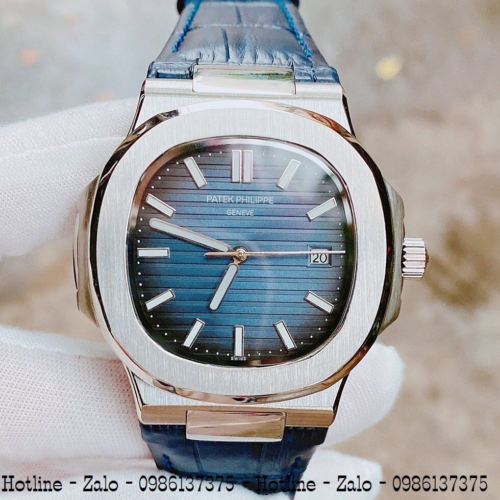 Đồng Hồ Nam Patek Philippe Automatic Dây Da Xanh Silver 40mm