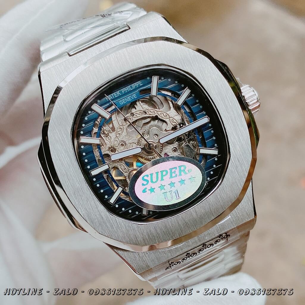 Đồng Hồ Patek Philippe Automatic Lộ Máy Silver Mặt Xanh 40mm