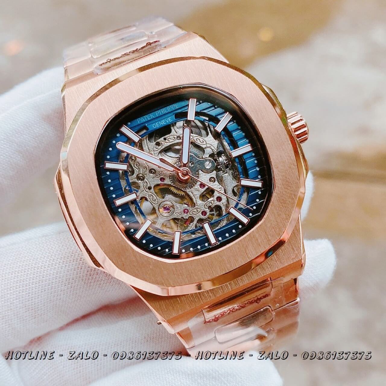 Đồng Hồ Patek Philippe Automatic Lộ Máy Rose Gold Mặt Xanh