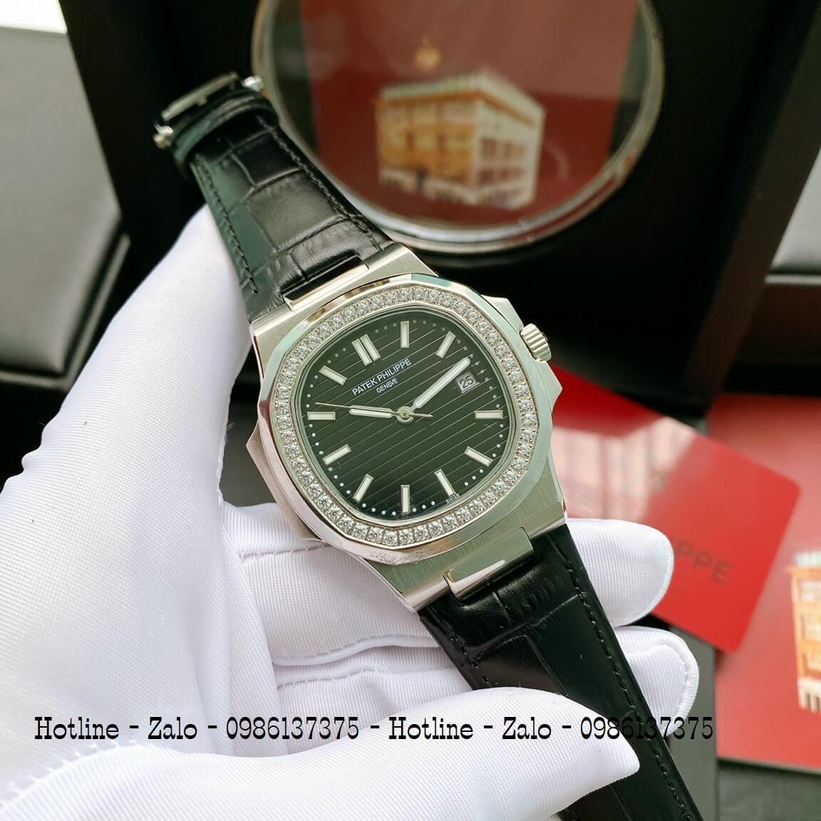 Đồng Hồ Patek Philippe Automatic Nam Đính Đá Đen Mặt Đen 40mm