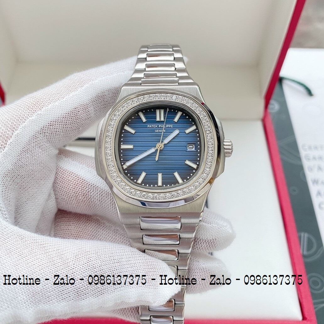 Đồng Hồ Patek Philippe Automatic Nam Đính Đá Bạc Mặt Xanh 40mm