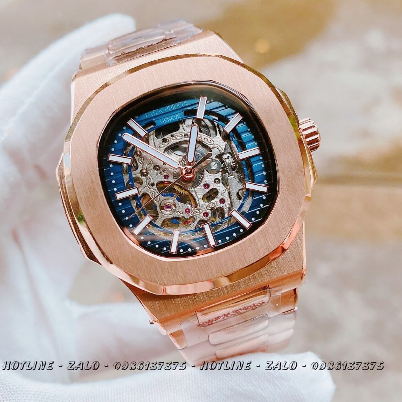 Đồng Hồ Patek Philippe Automatic Lộ Máy Rose Gold Mặt Xanh