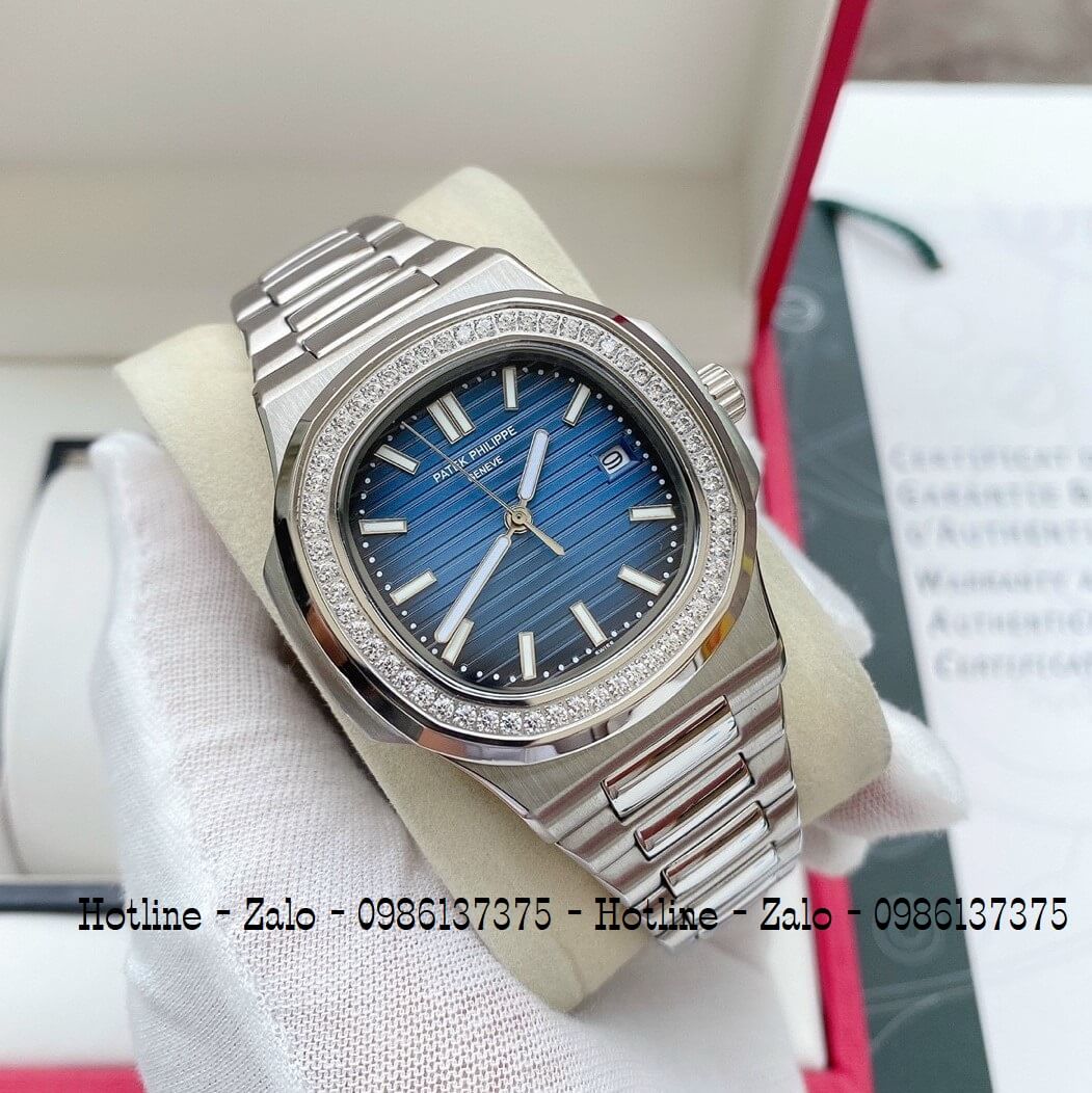 Đồng Hồ Patek Philippe Automatic Nam Đính Đá Bạc Mặt Xanh 40mm