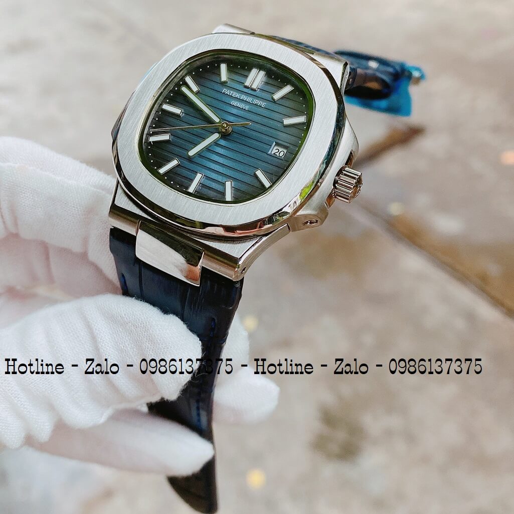 Đồng Hồ Patek Philippe Automatic Dây Da Xanh Silver 40mm