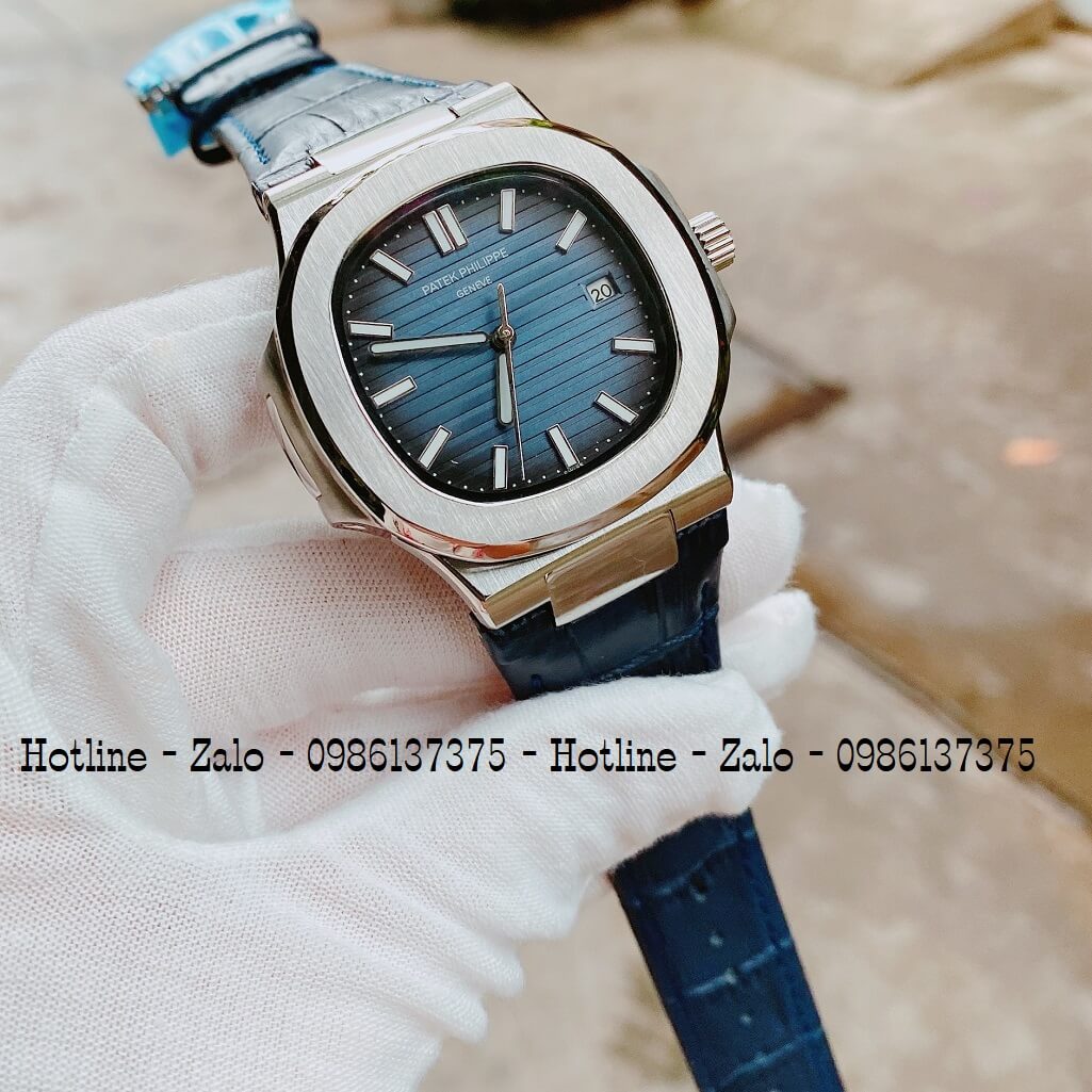 Đồng Hồ Patek Philippe Automatic Dây Da Xanh Silver 40mm