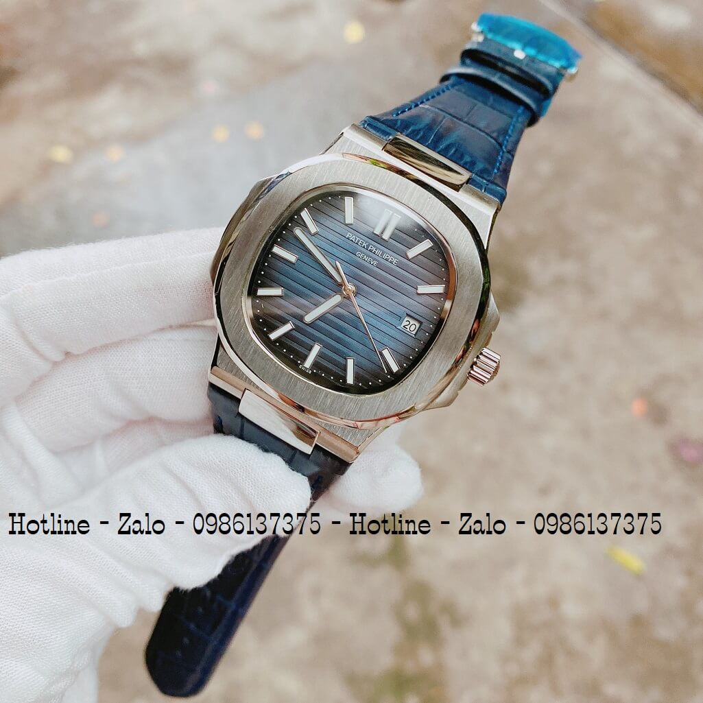 Đồng Hồ Patek Philippe Automatic Dây Da Xanh Silver 40mm